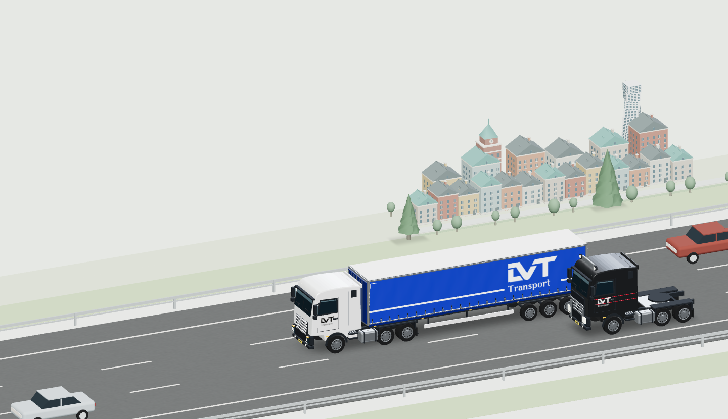 LVT trucks and cars travelling on a motorway past a cityscape inspired by Copenhagen and Malmö